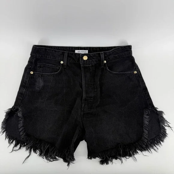 Good American Black Distressed High Rise Cutoff Denim Shorts Size 4/27 - Picture 1 of 8